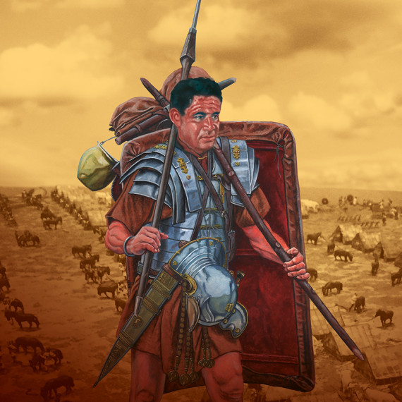 Zeichnung von sechs r&ouml;mischen Legion&auml;ren auf dem Marsch. Illustration: Graham Sumner