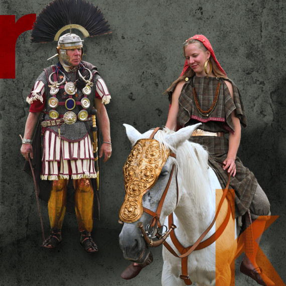 Key Visual des Museumsfestes mit einem r&ouml;mischen Soldaten und einer keltischen Reiterin. &copy; krm manching